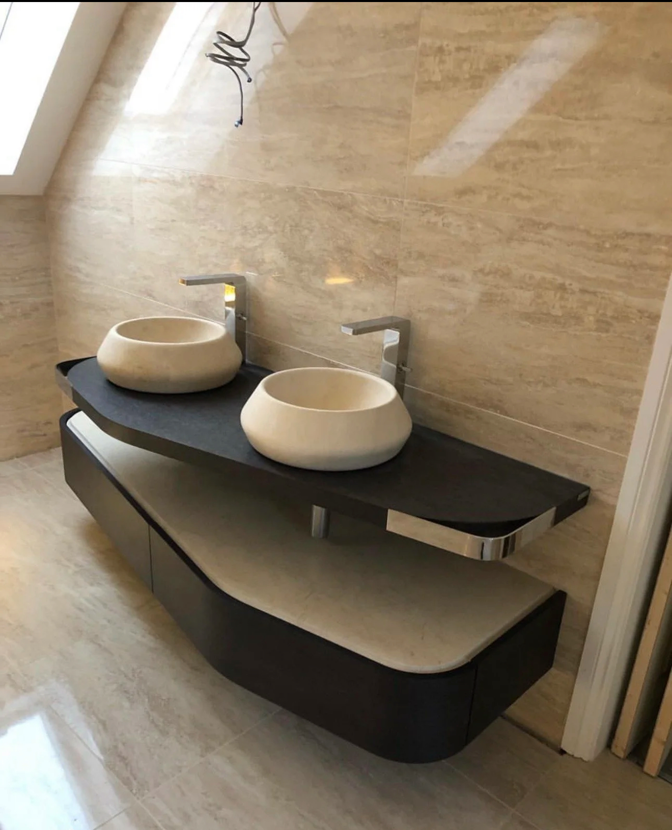 Bespoke curved double vanity with twin stone vessel basins — Haslemere bathroom renovation